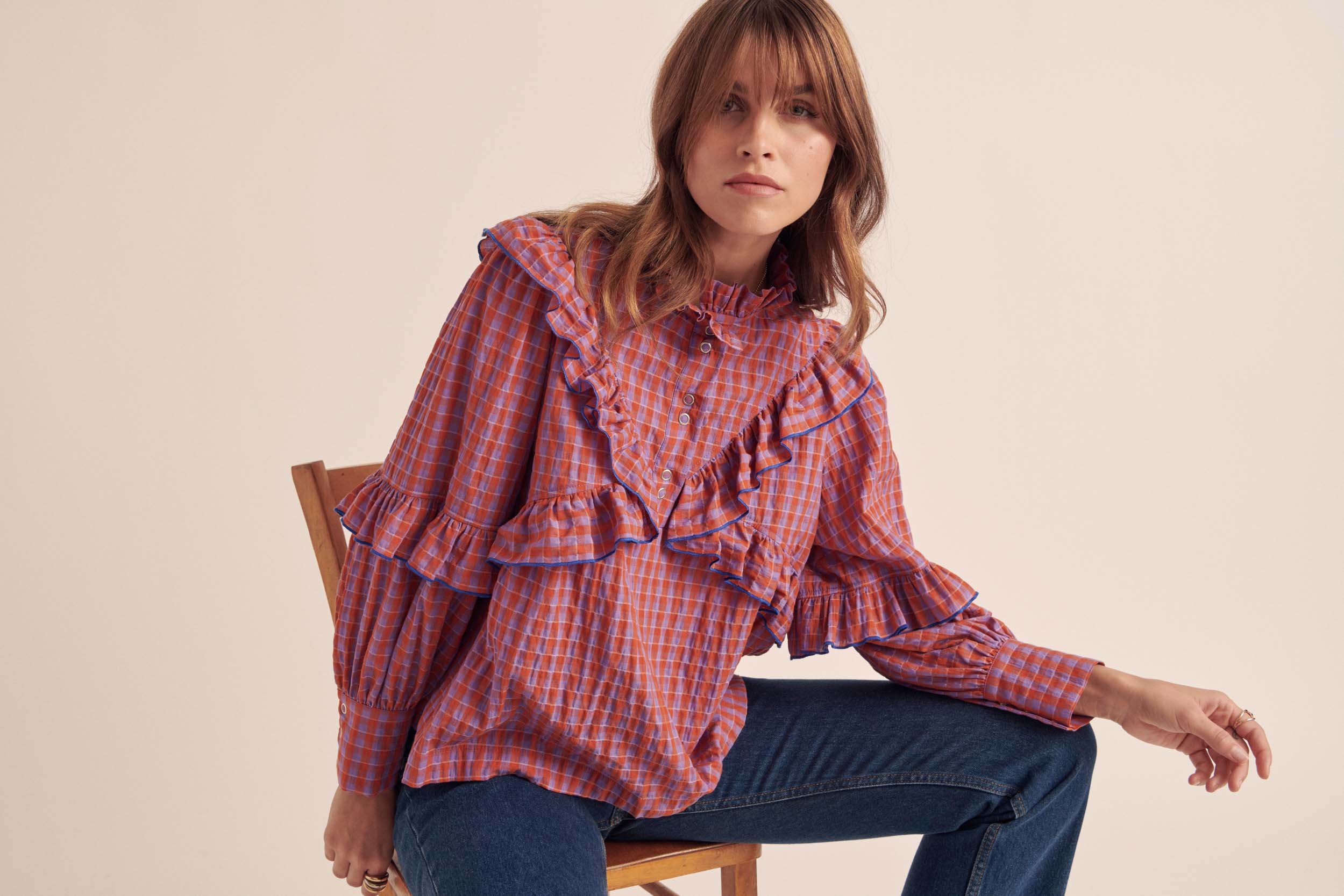 Blouse Amelia gingham orange and purple