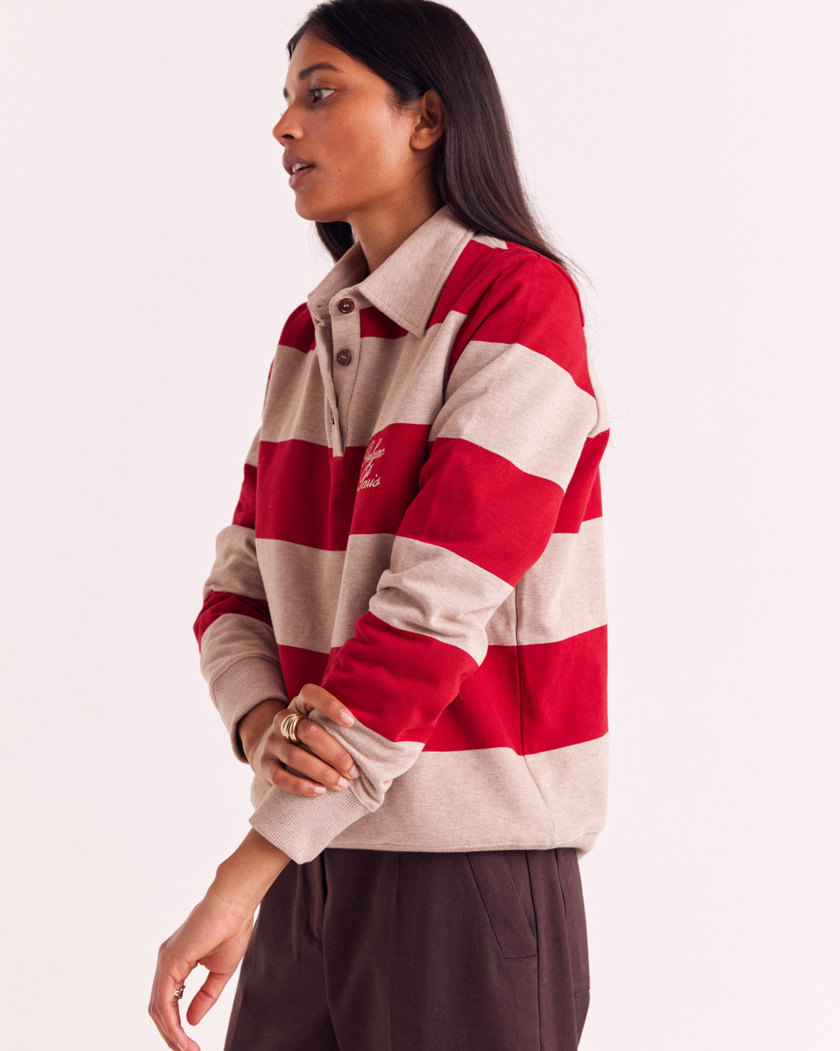 Sweat-shirt Diego rayures rouge et beige chiné