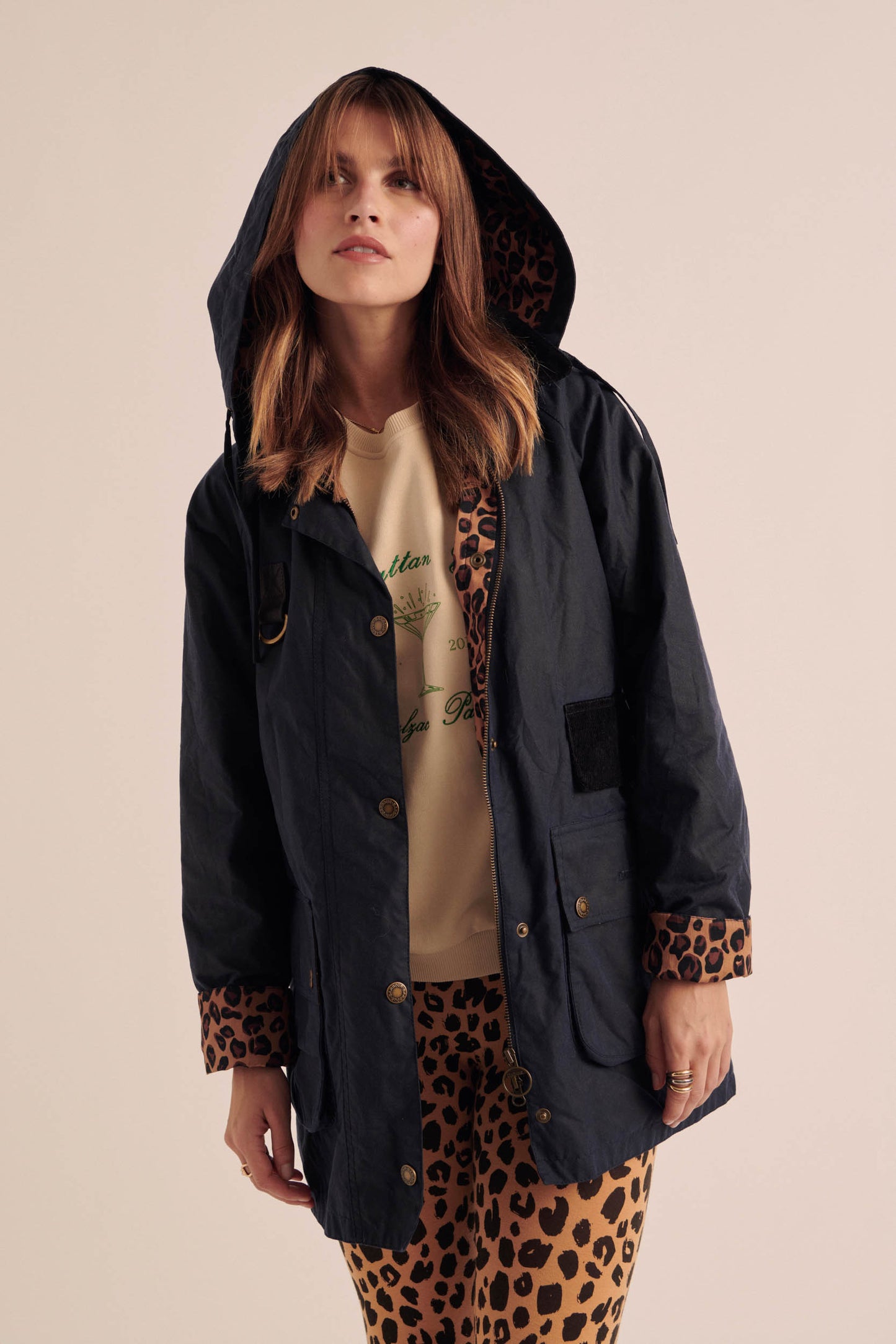 Barbour x BP Elana Navy and Leopard Adjustable Hood