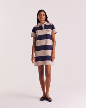 Paula polo dress with navy and heather beige stripes