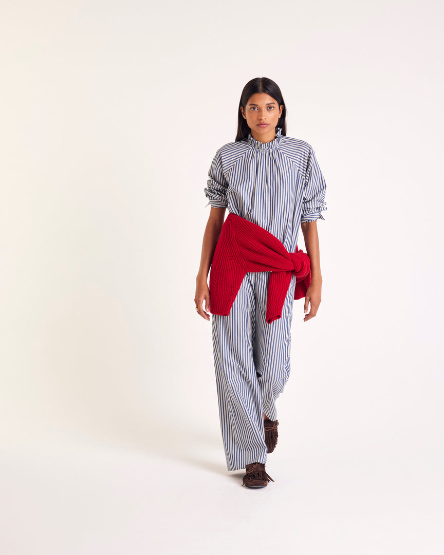 Pantalon Alphonse rayures marine, écru et gris