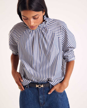 Zoé blouse with navy, ecru and gray stripes