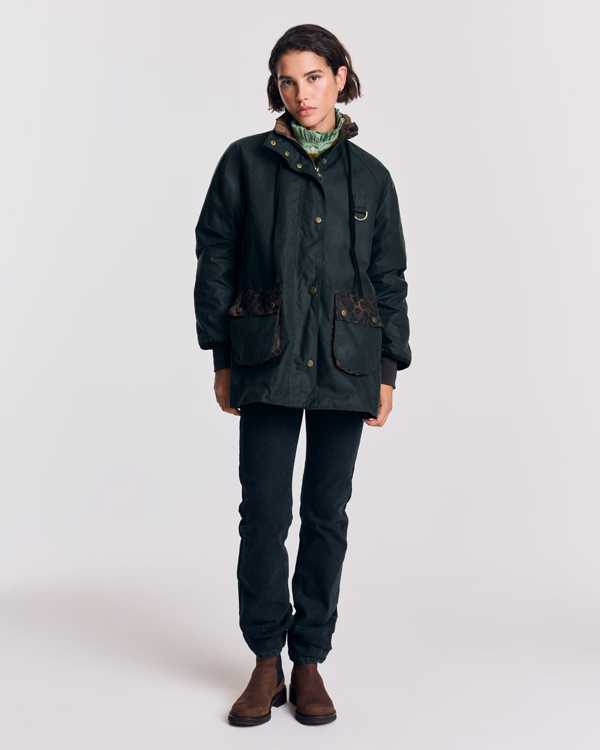 Jacket Anaïs khaki and leopard tawny Barbour x Balzac Paris