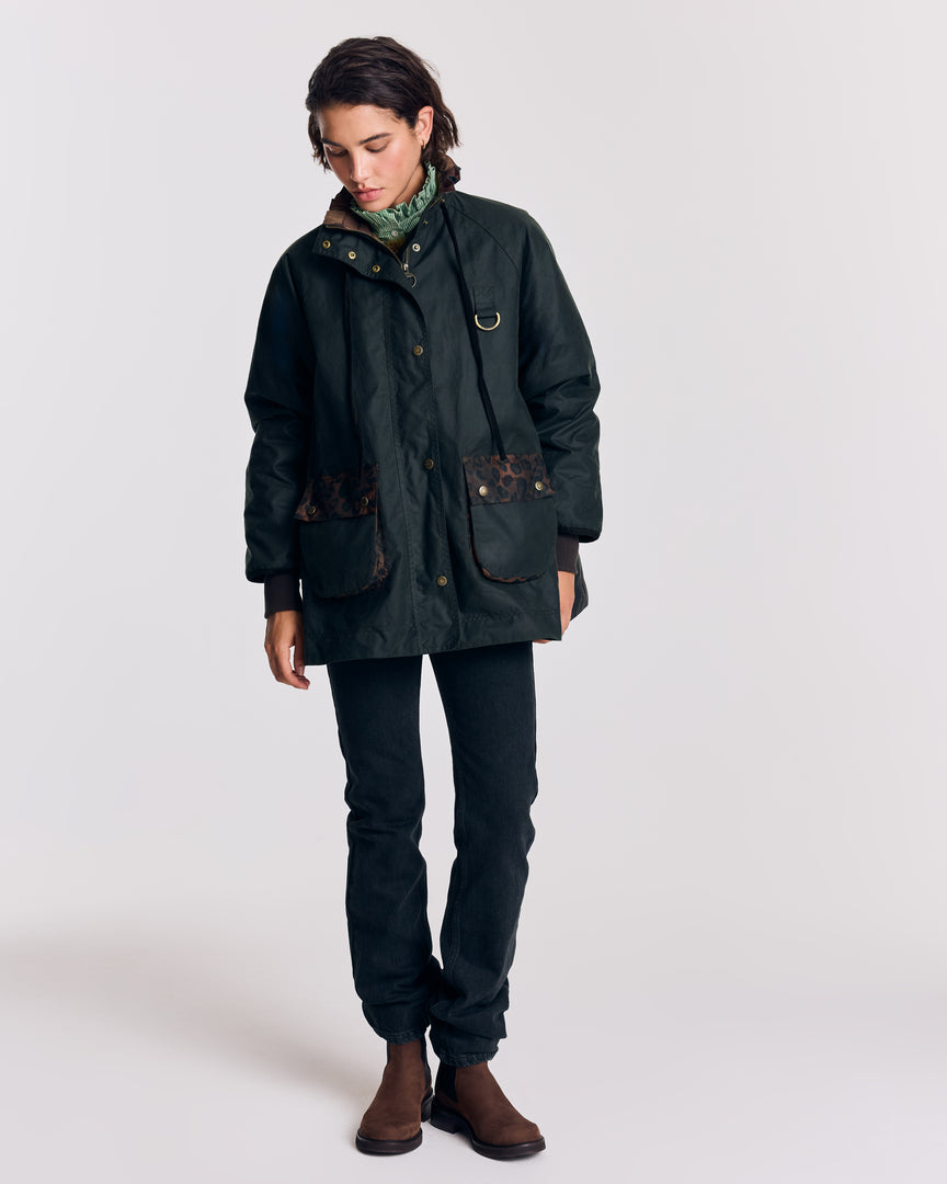Jacket Anaïs khaki and leopard tawny Barbour x Balzac Paris