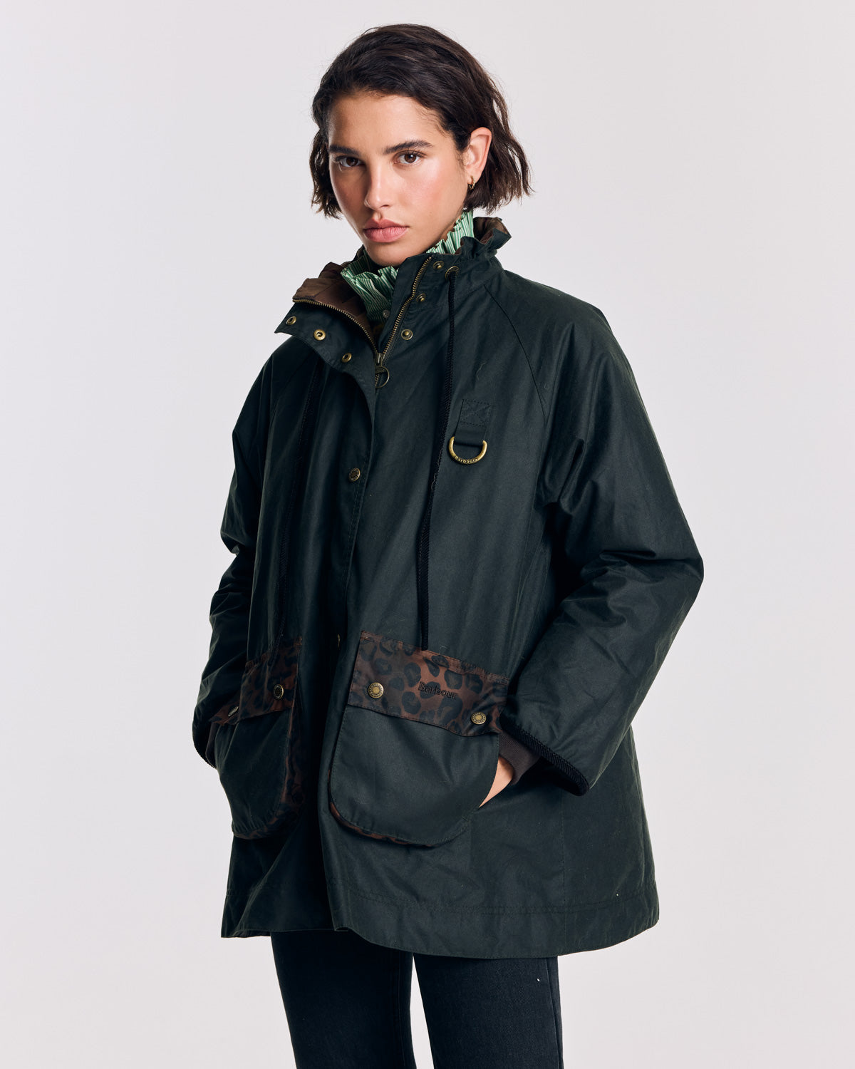 Jacket Anaïs khaki and leopard tawny Barbour x Balzac Paris