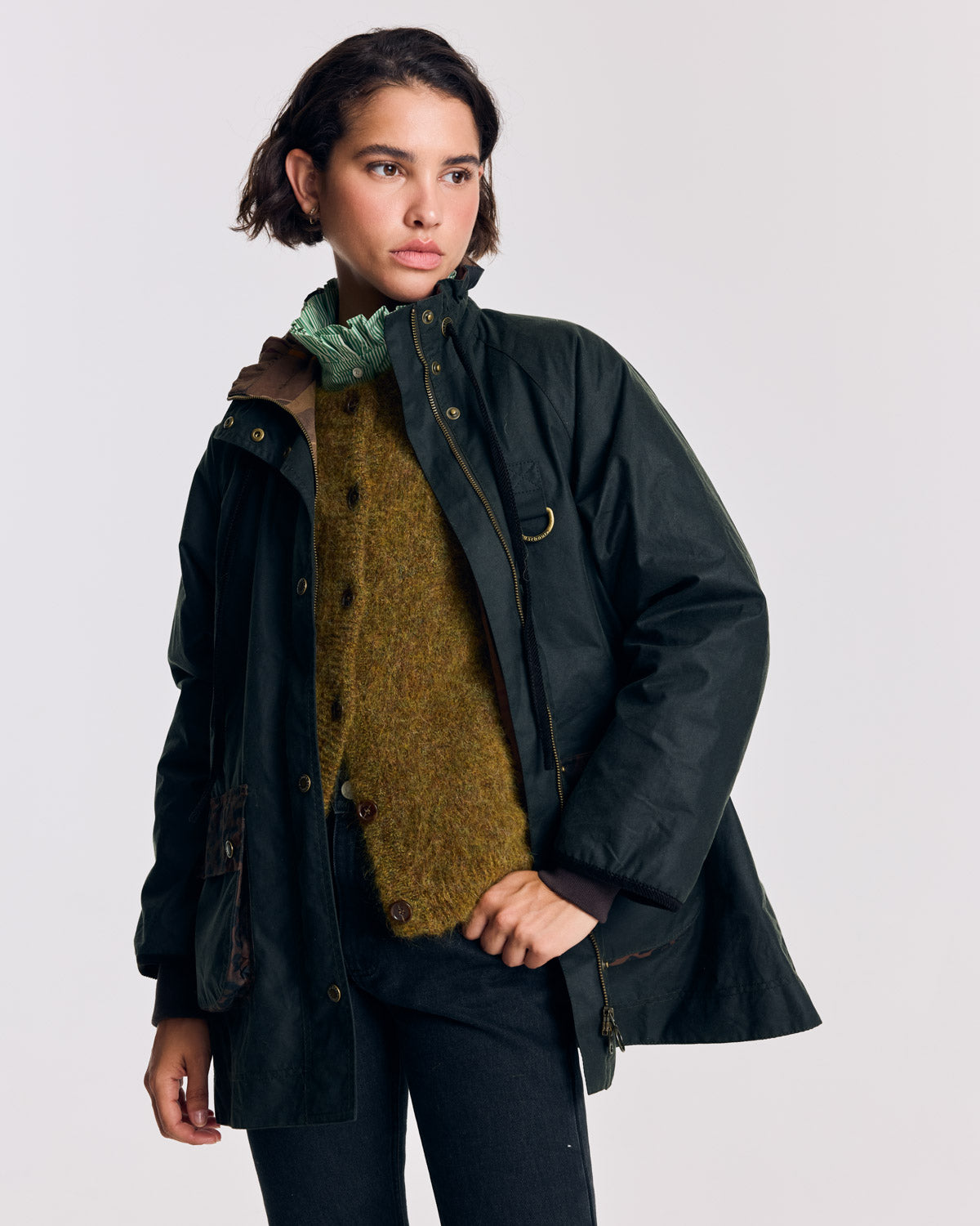 Jacket Anaïs khaki and leopard tawny Barbour x Balzac Paris