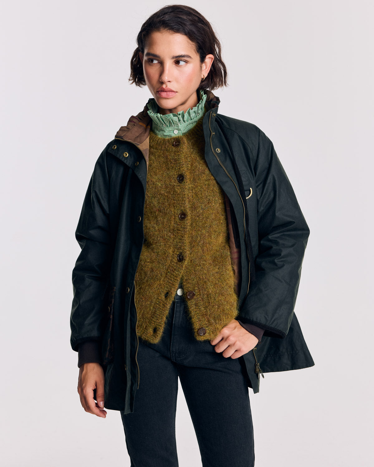 Jacket Anaïs khaki and leopard tawny Barbour x Balzac Paris