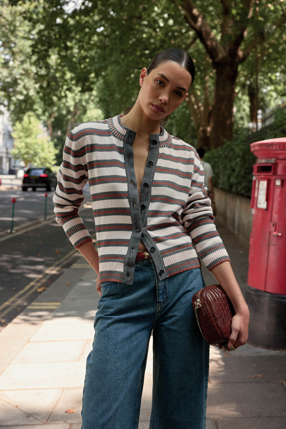 Cardigan Clarisse rayures gris, rose et cannelle