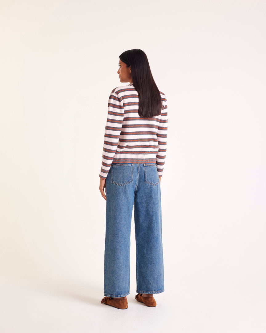 Cardigan Clarisse rayures gris, rose et cannelle