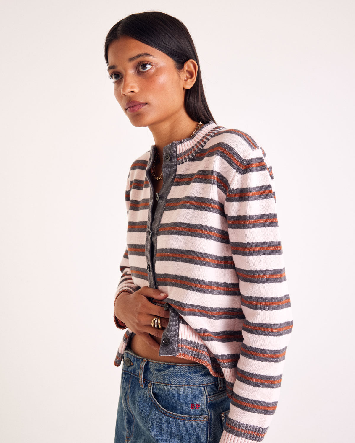 Cardigan Clarisse stripes gray, pink and cinnamon