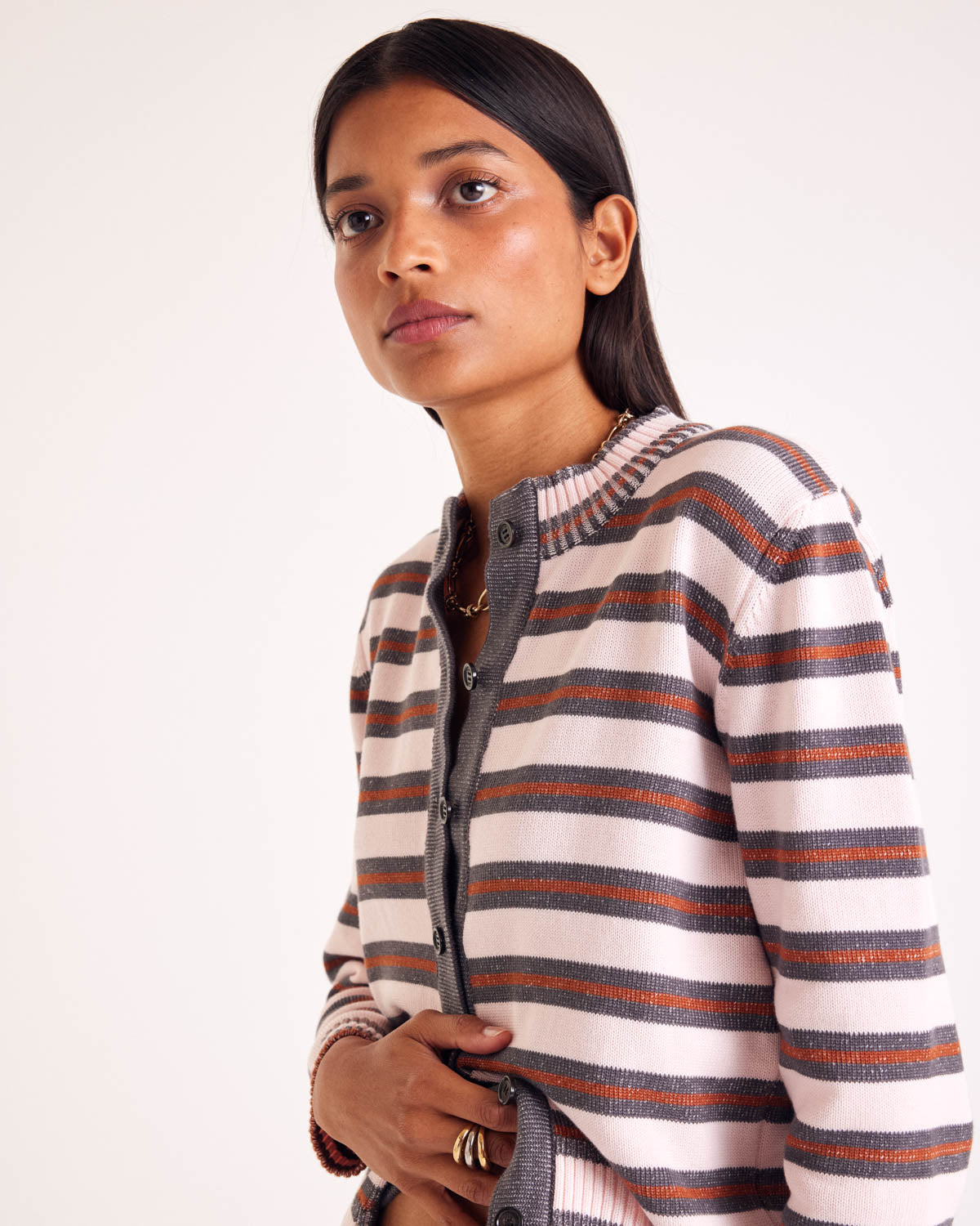 Cardigan Clarisse stripes gray, pink and cinnamon