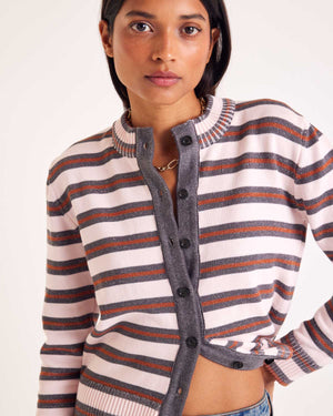 Cardigan Clarisse rayures gris, rose et cannelle
