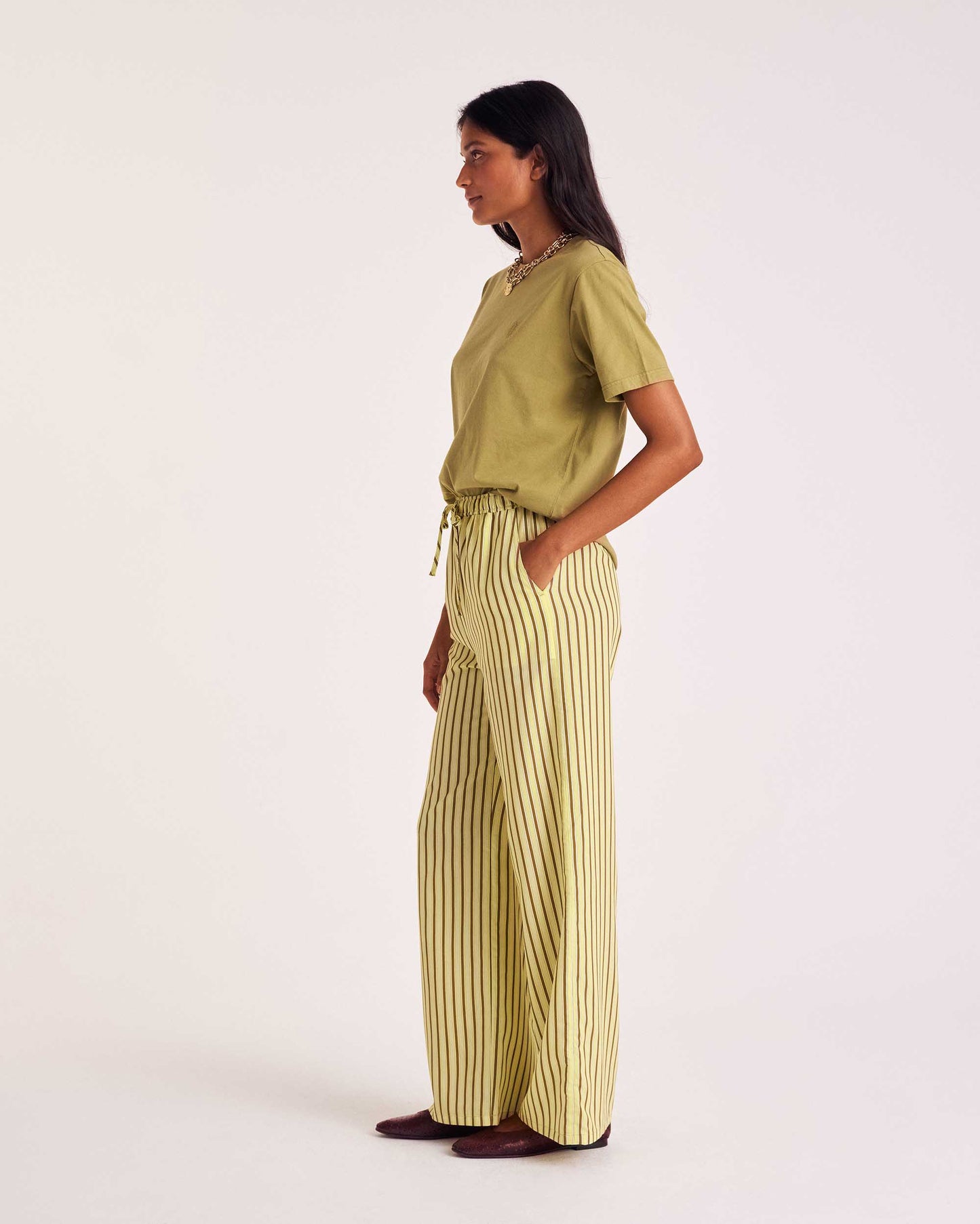 Pantalon Lisea rayures jaune et kaki