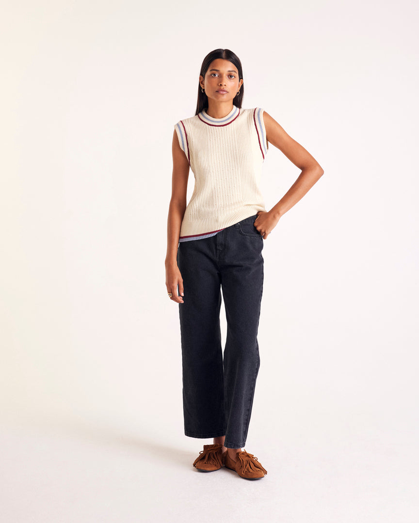 Ecru Pearl sweater with blue and red trim