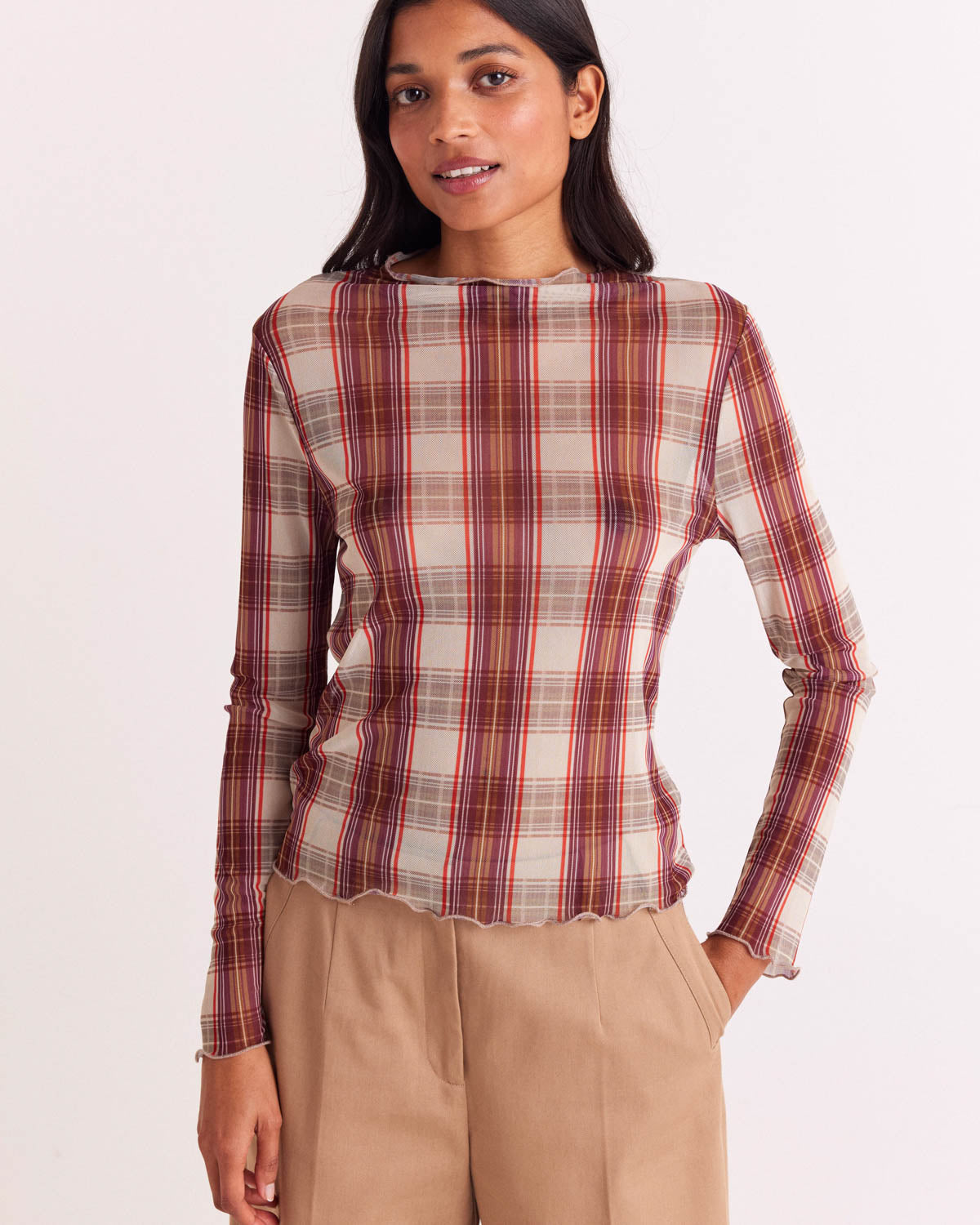 Isabella red and beige tartan top