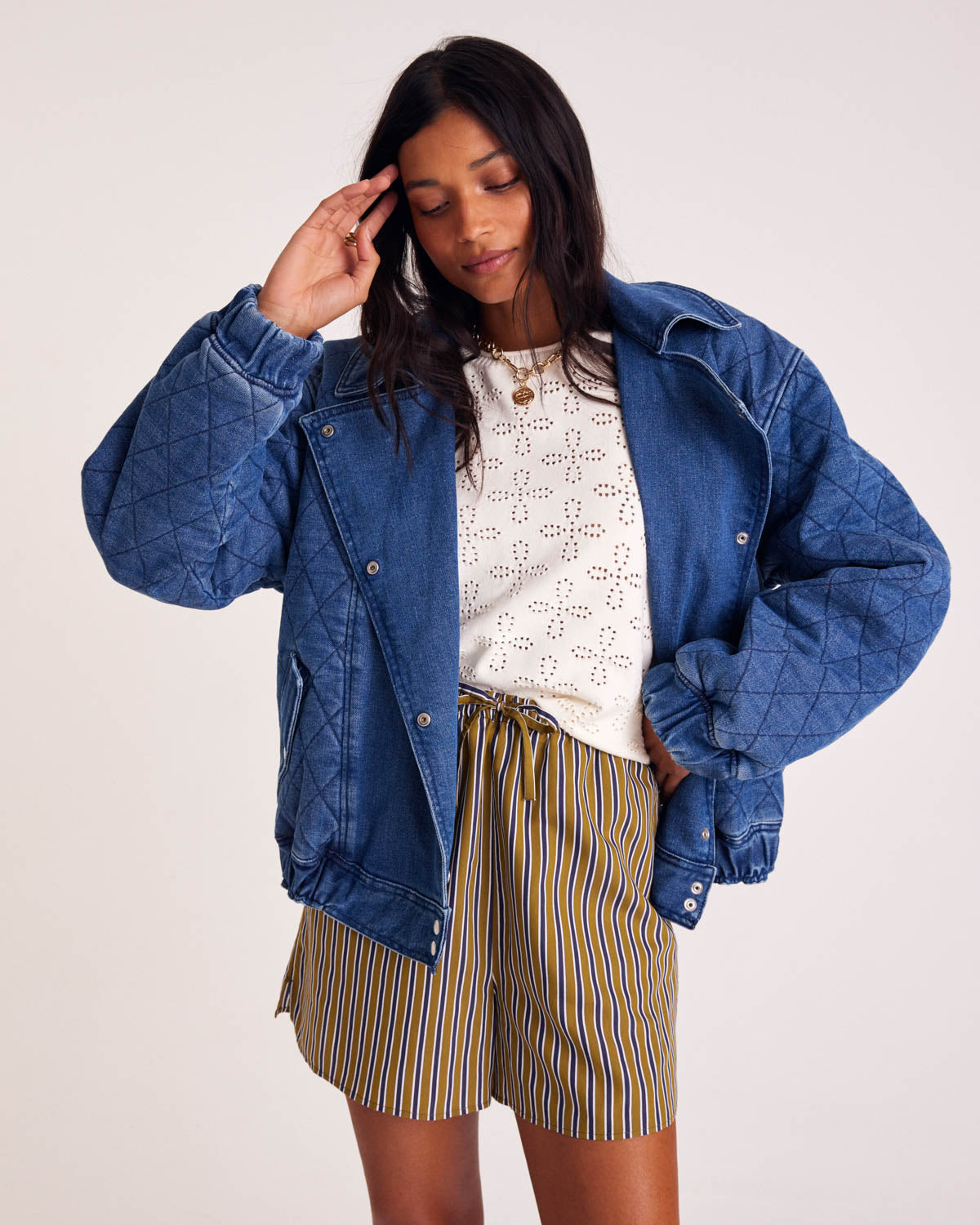 Shorts Lino stripes navy and khaki