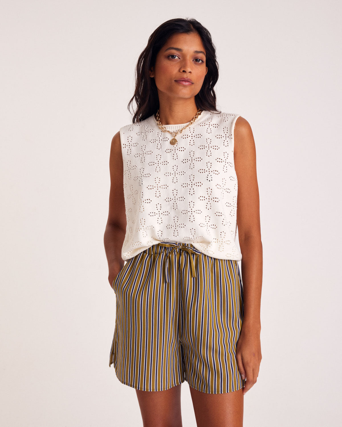 Shorts Lino stripes navy and khaki