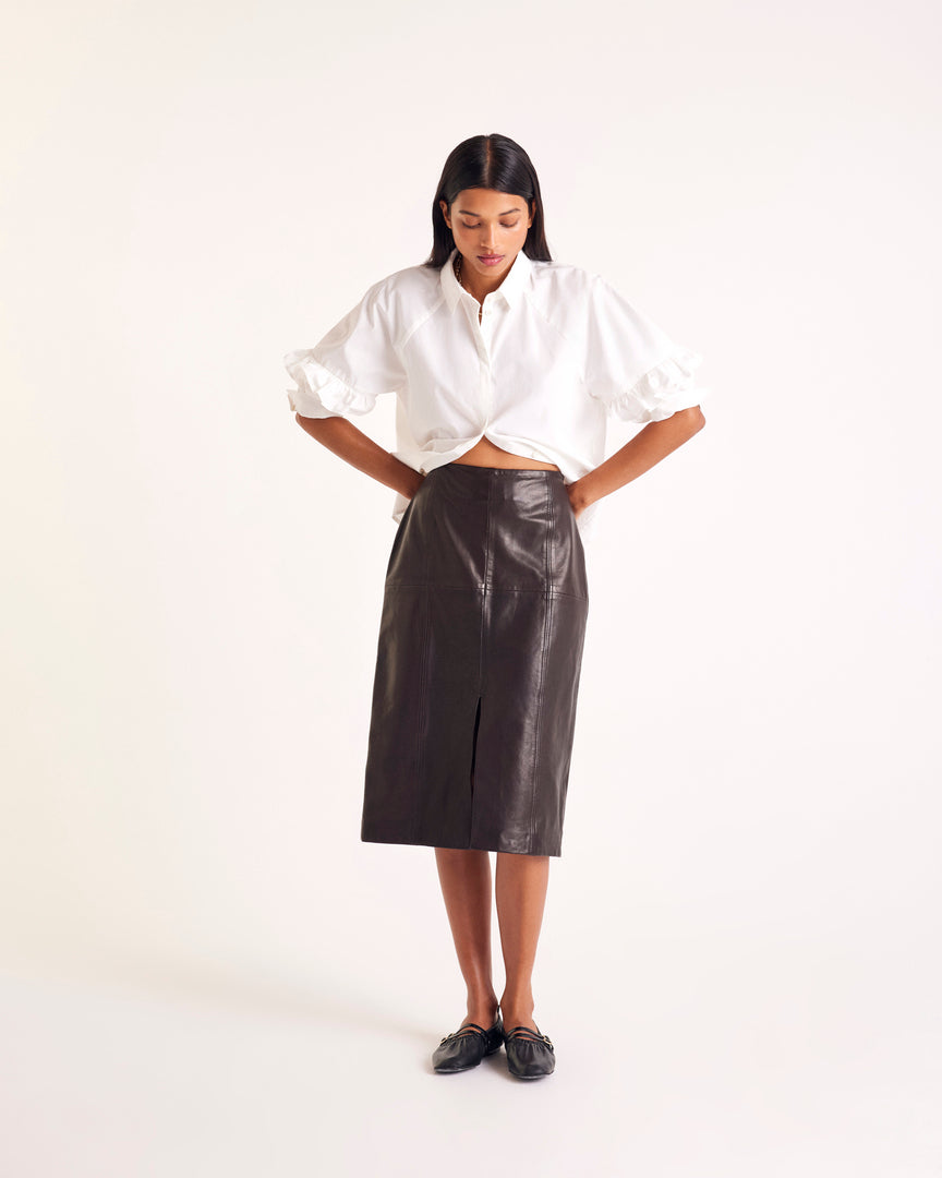 Quitterie chocolate leather skirt