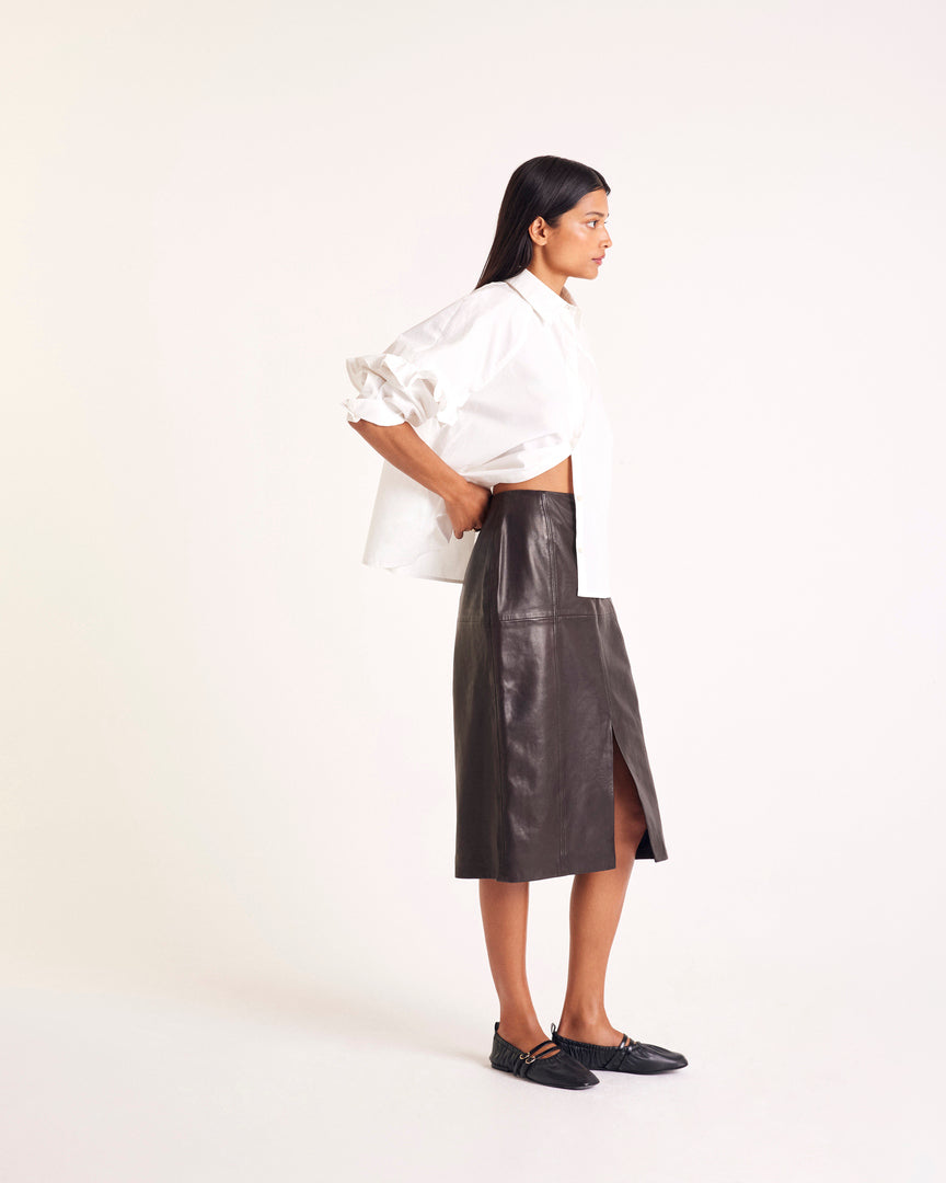 Quitterie chocolate leather skirt