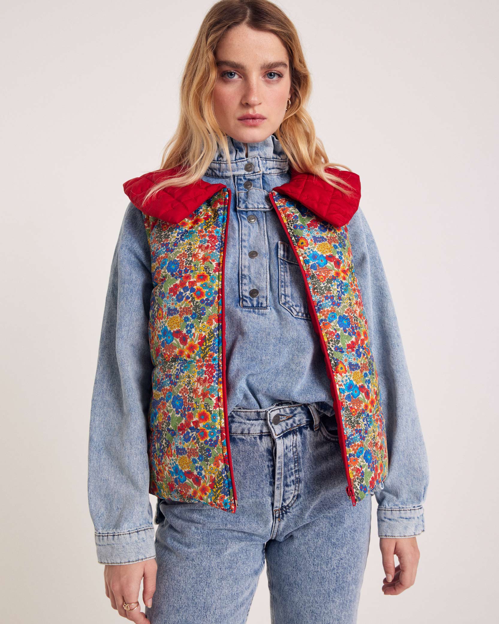 Jacket Cali red and in fabric Liberty blue and yellow