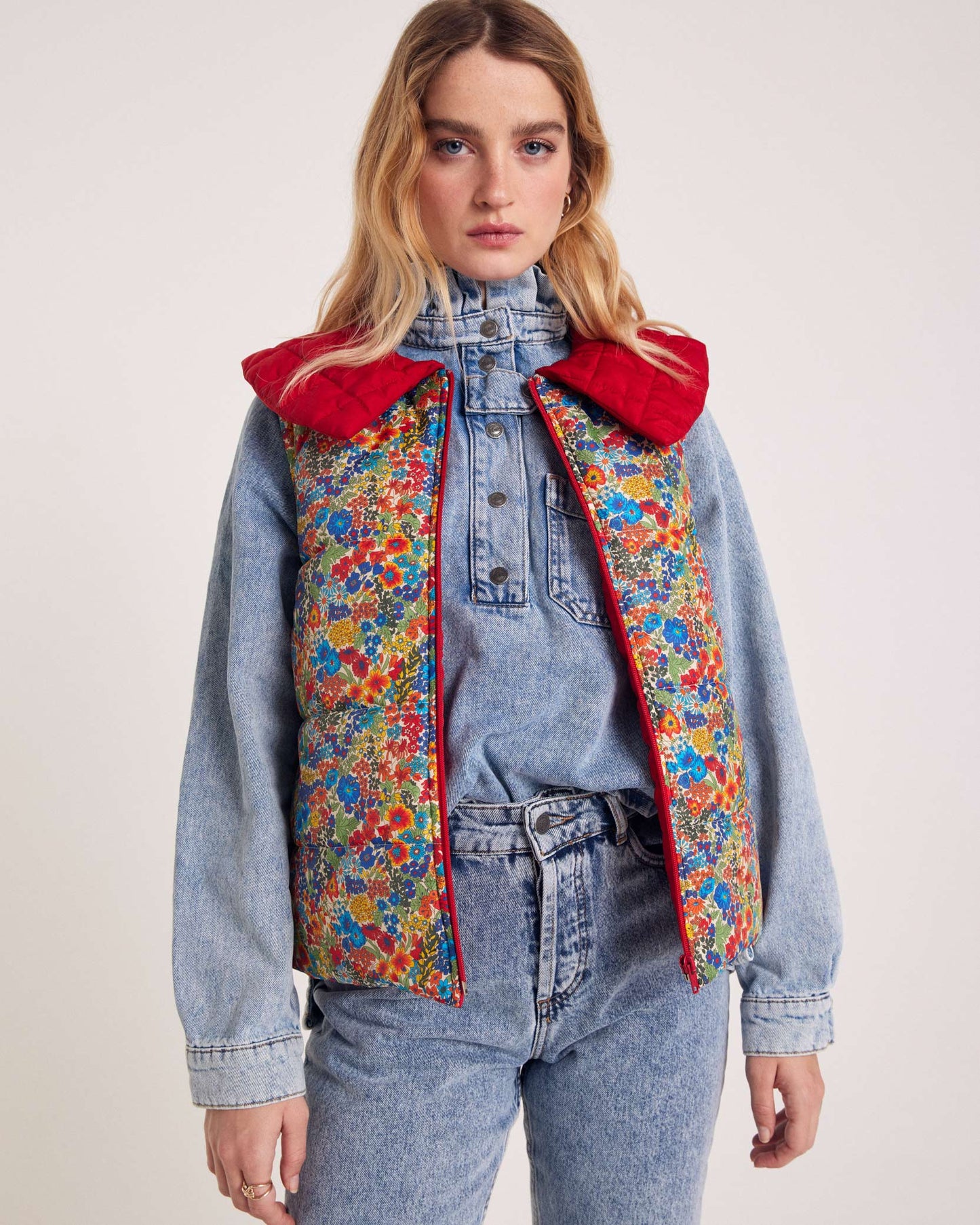 Red Cali jacket and blue and yellow Liberty fabric