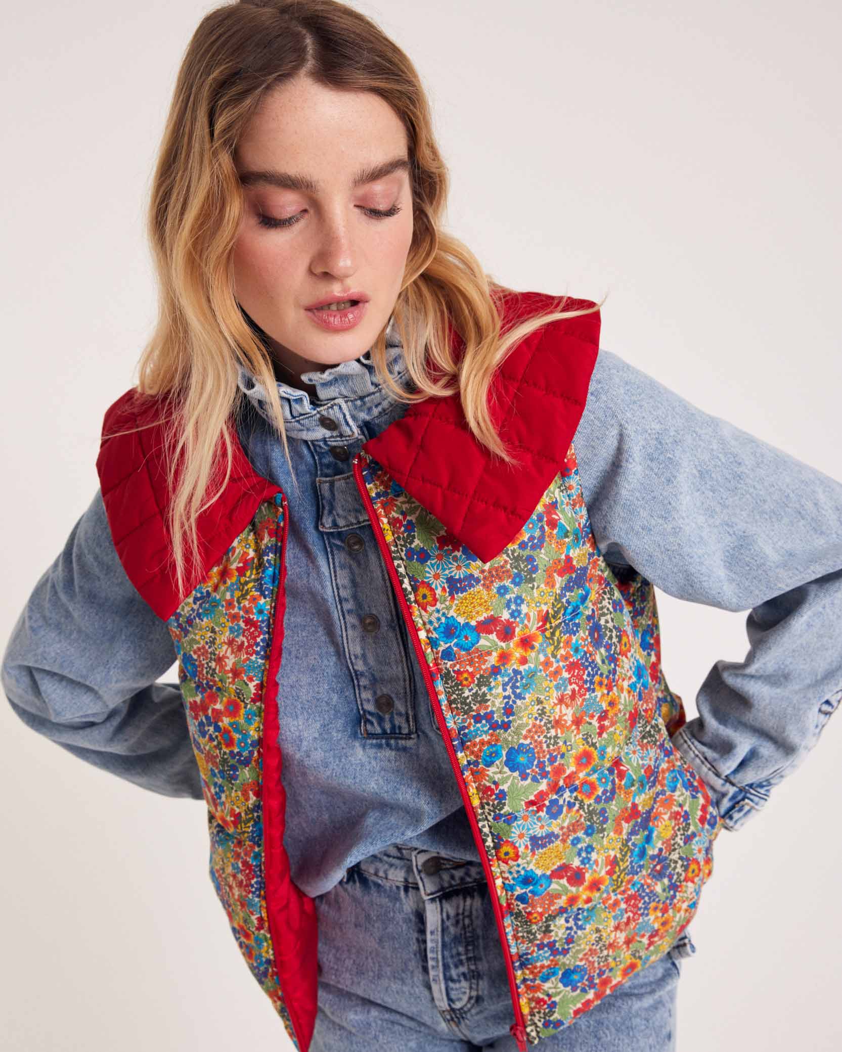 Jacket Cali red and in fabric Liberty blue and yellow