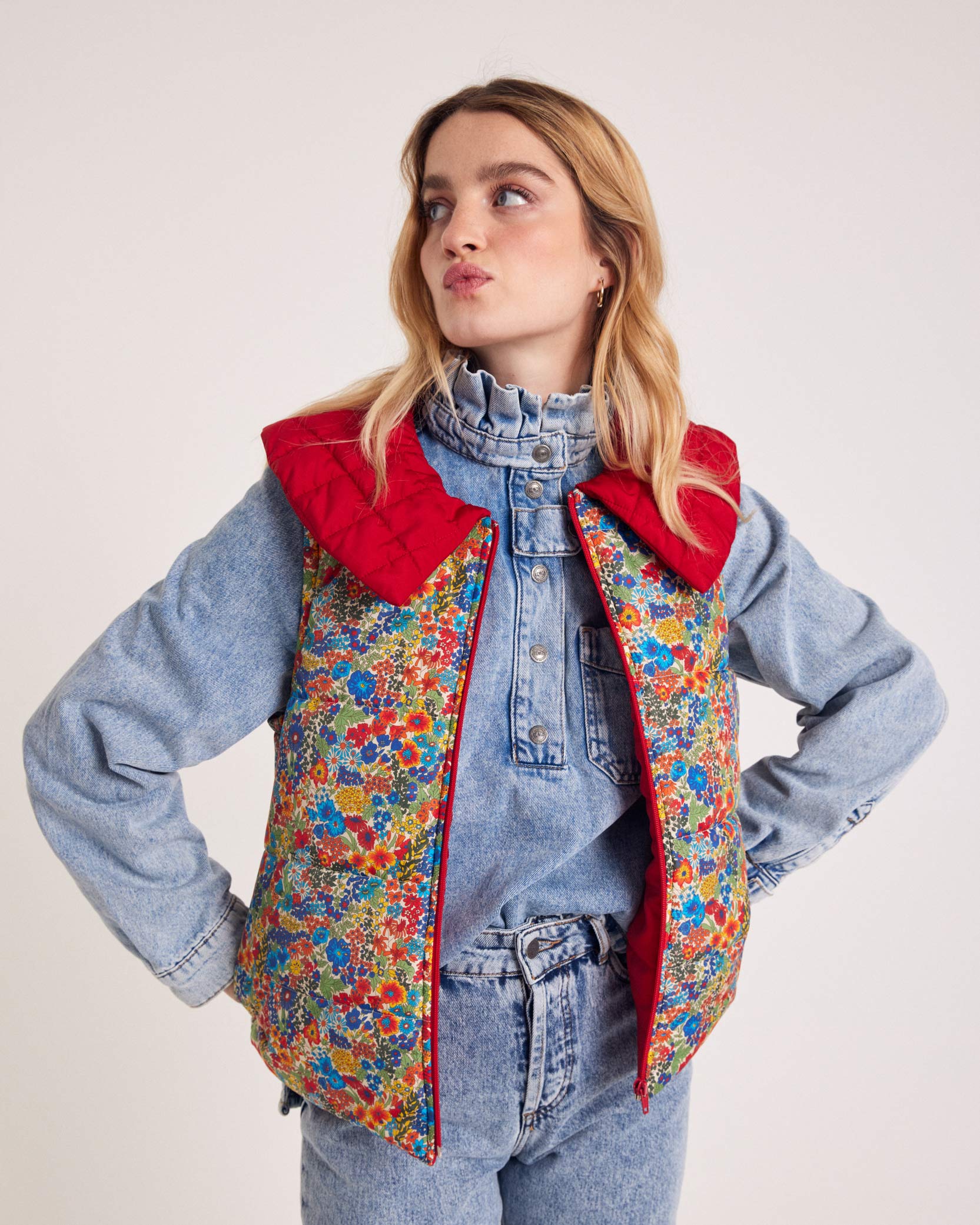 Jacket Cali red and in fabric Liberty blue and yellow