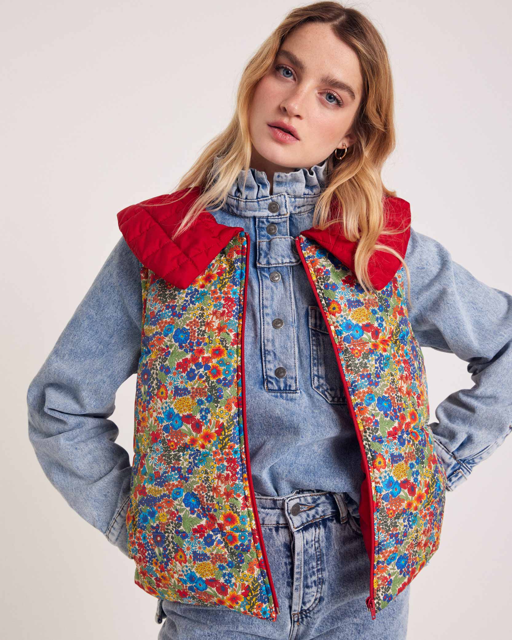 Jacket Cali red and in fabric Liberty blue and yellow