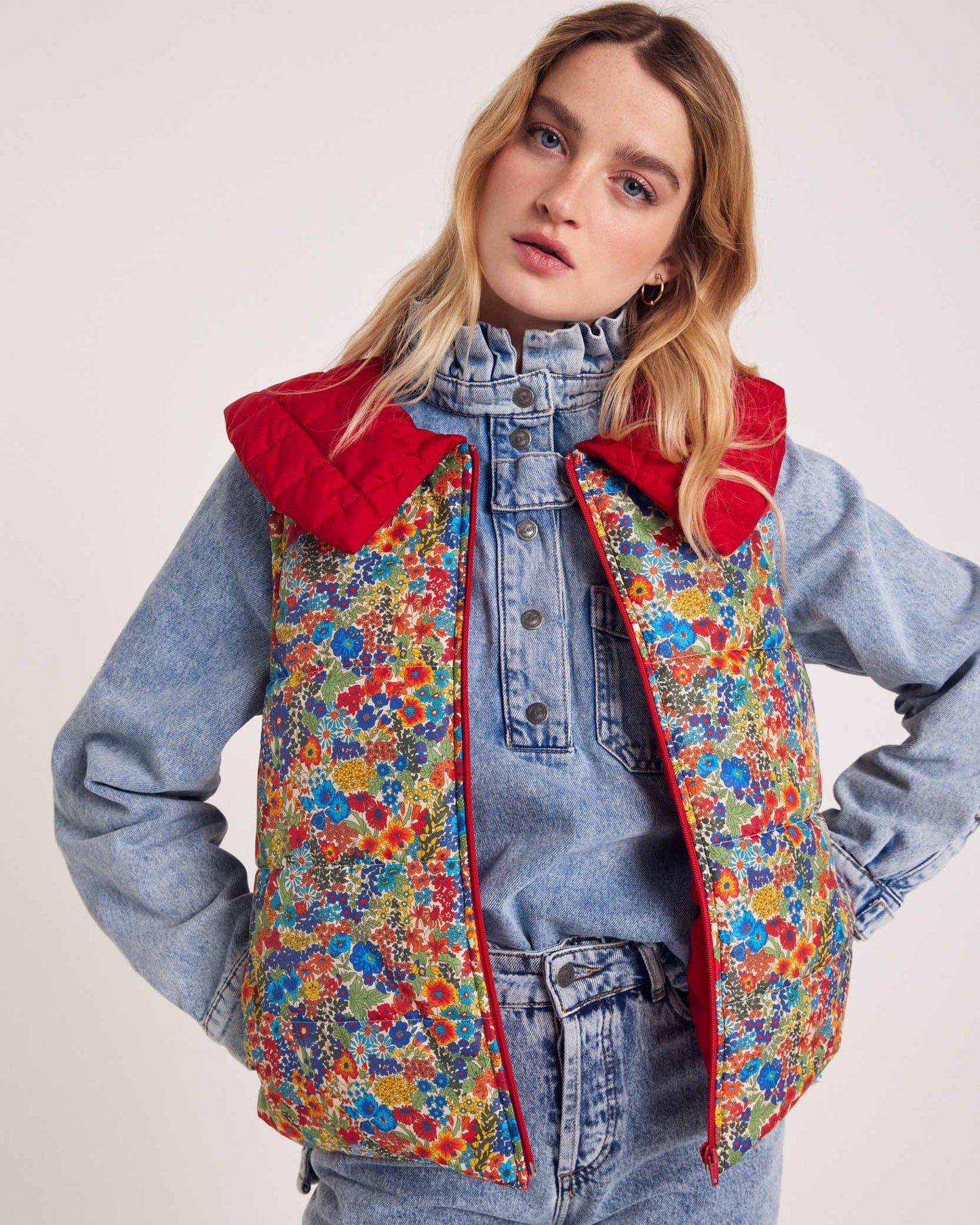 Red Cali jacket and blue and yellow Liberty fabric