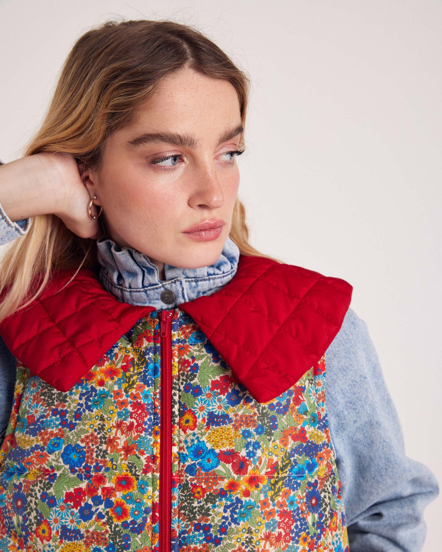 Red Cali jacket and blue and yellow Liberty fabric