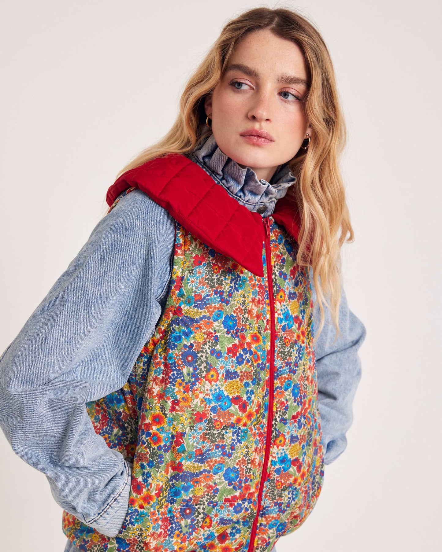 Red Cali jacket and blue and yellow Liberty fabric