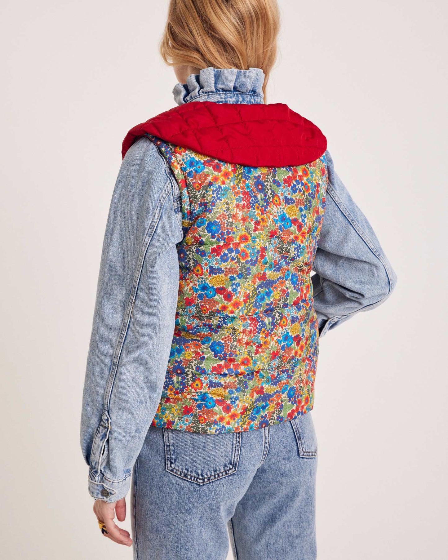 Red Cali jacket and blue and yellow Liberty fabric