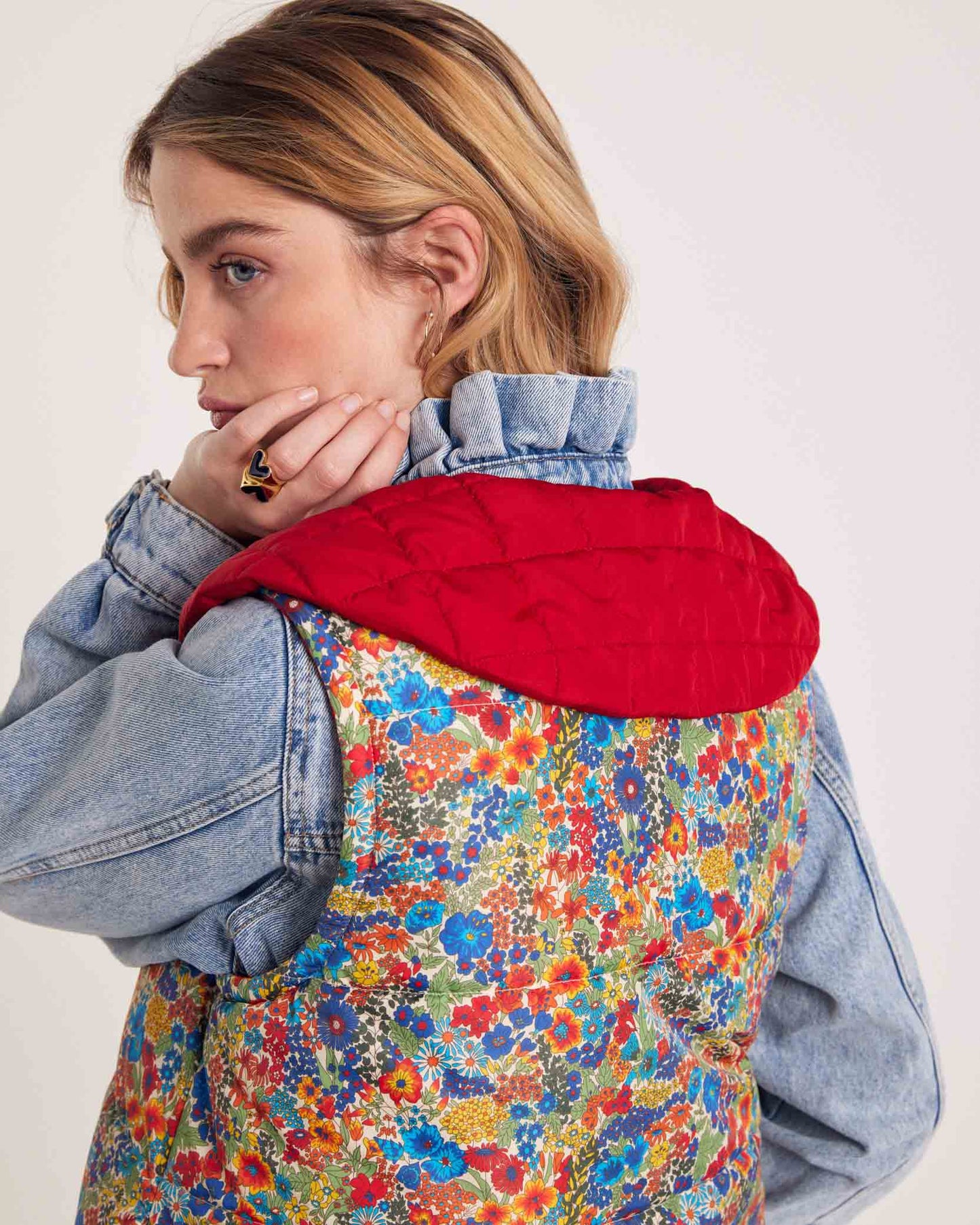 Red Cali jacket and blue and yellow Liberty fabric