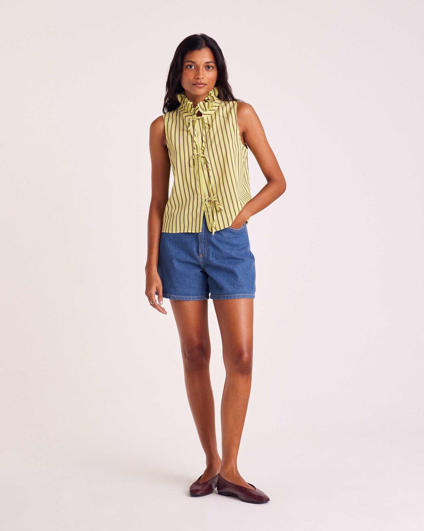 Top Gersende yellow and khaki stripes