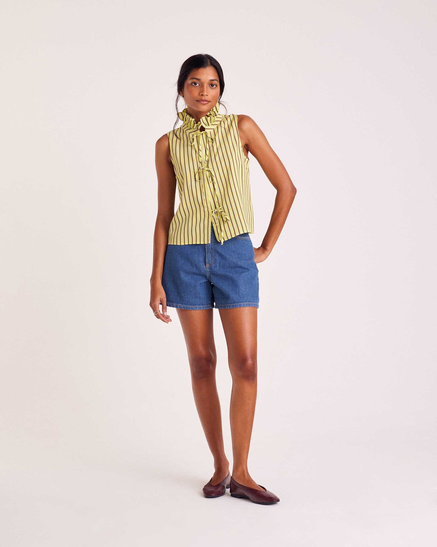 Top Gersende yellow and khaki stripes