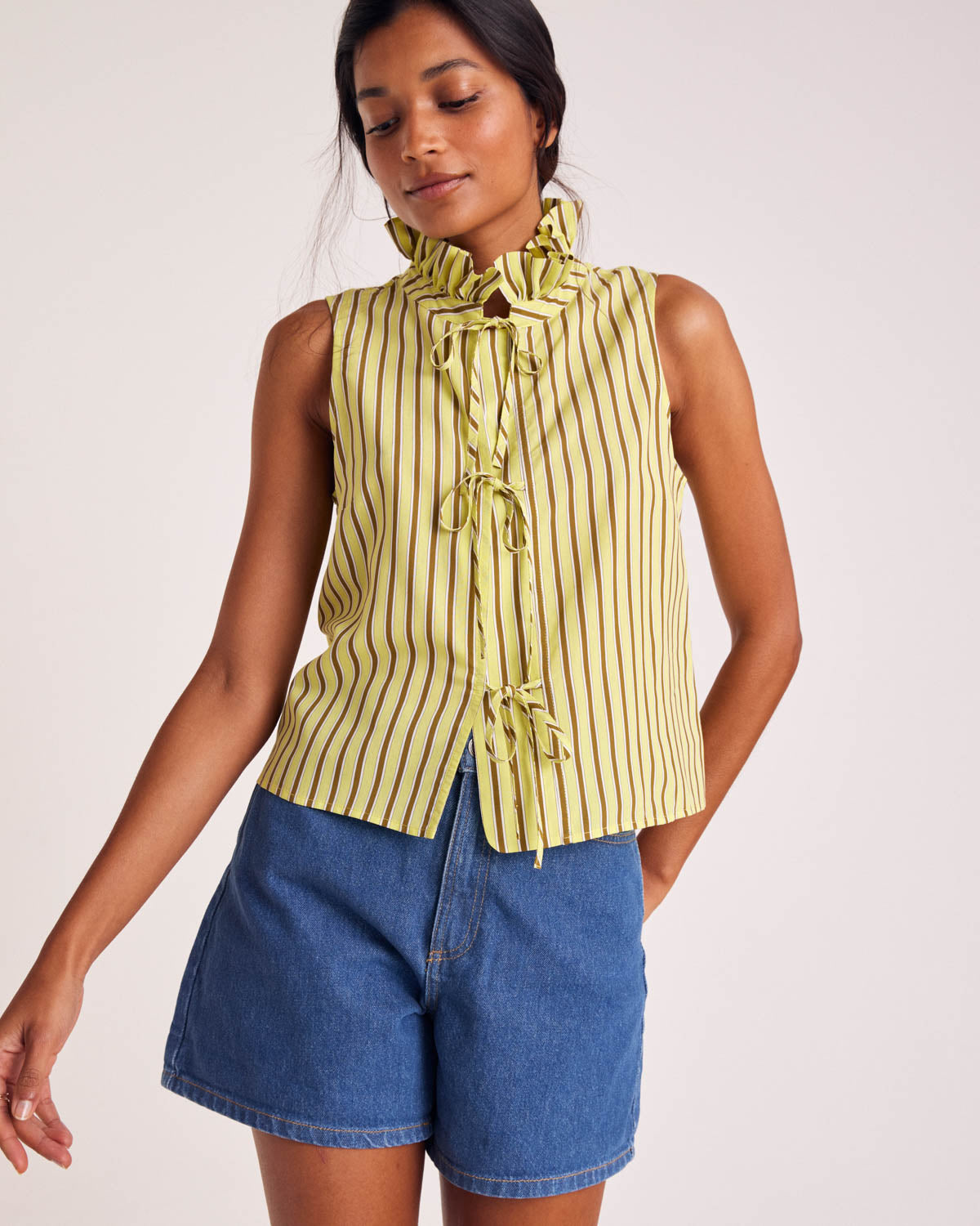 Top Gersende yellow and khaki stripes