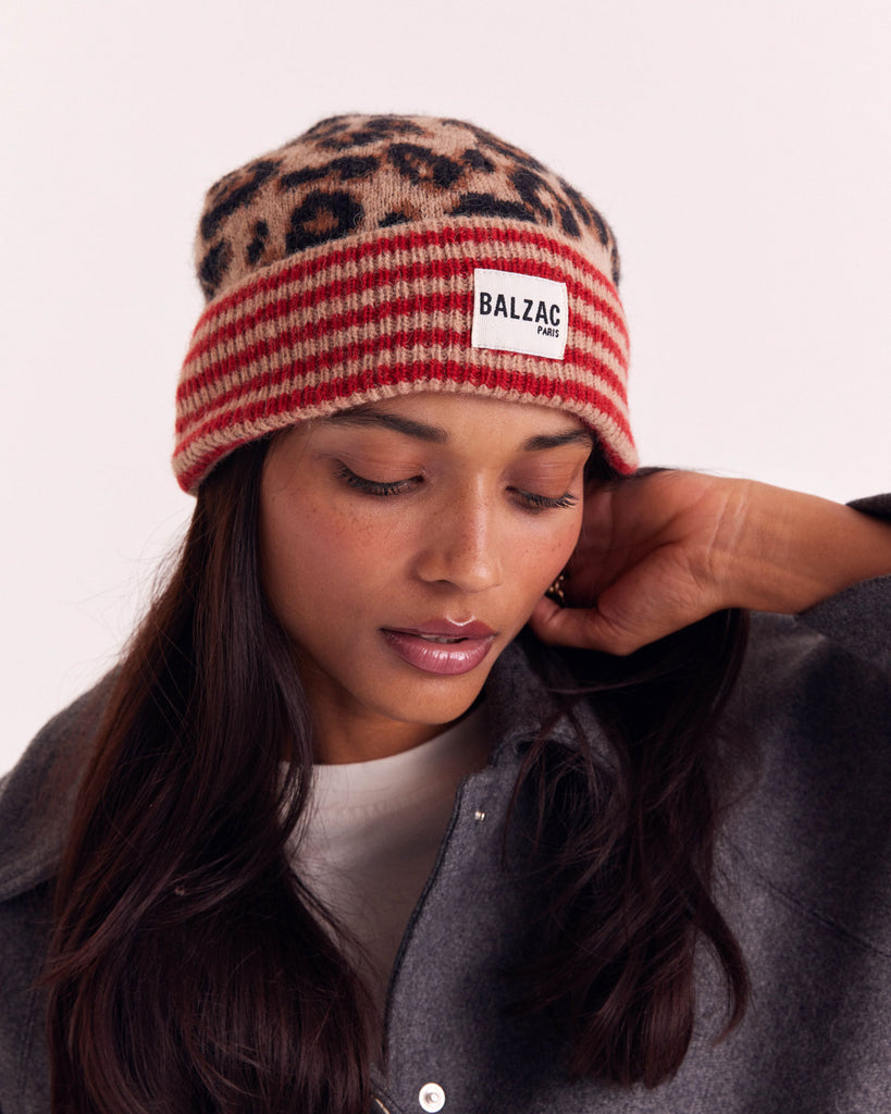 Bonnet Lou rayures rouge et léopard
