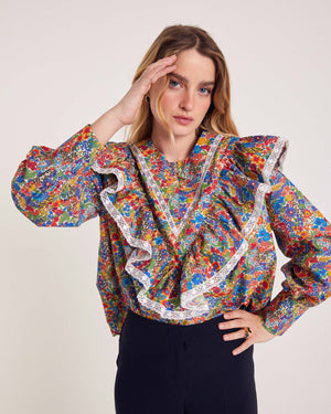 Blouse Azélie en tissu Liberty bleu et jaune