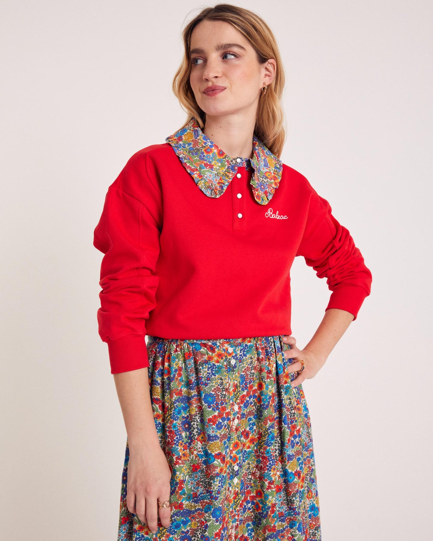 Tammy sweatshirt in red and blue and yellow Liberty fabric