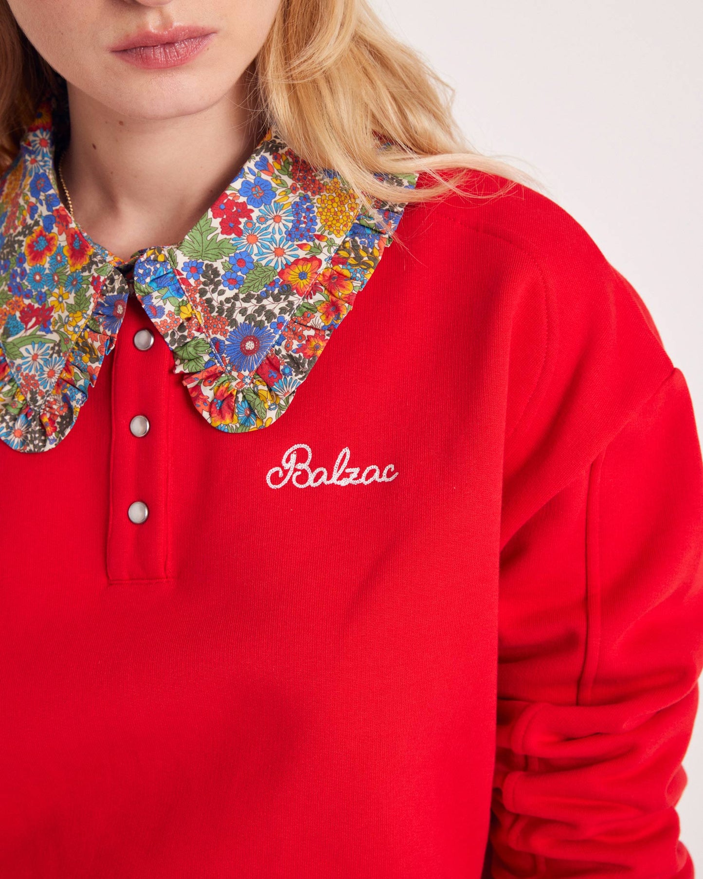 Tammy sweatshirt in red and blue and yellow Liberty fabric