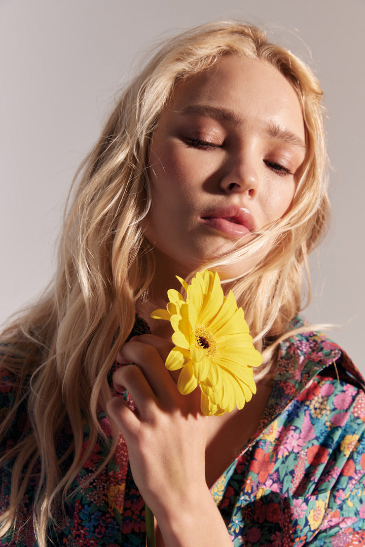 Camicia Hector in tessuto Liberty viola, rosa e giallo