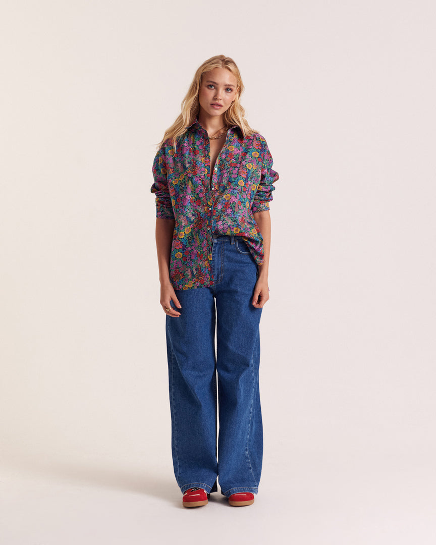 Camicia Hector in tessuto Liberty viola, rosa e giallo