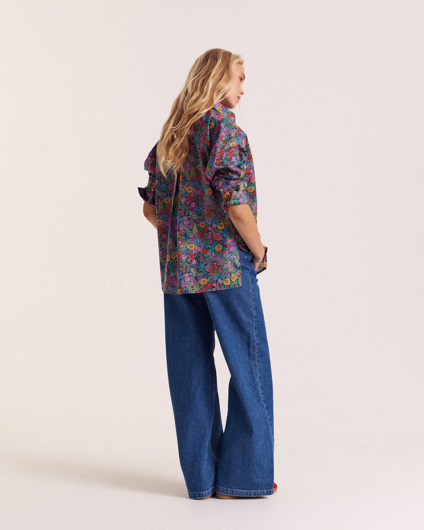 Camicia Hector in tessuto Liberty viola, rosa e giallo