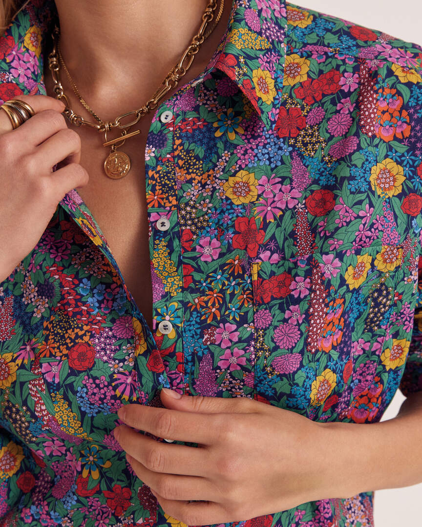 Camicia Hector in tessuto Liberty viola, rosa e giallo