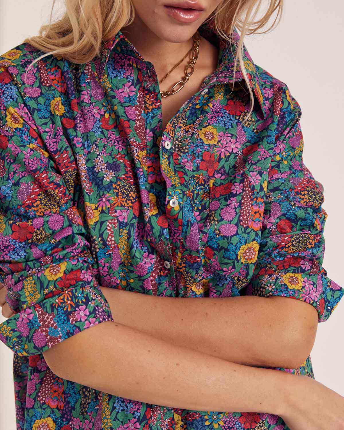 Camicia Hector in tessuto Liberty viola, rosa e giallo