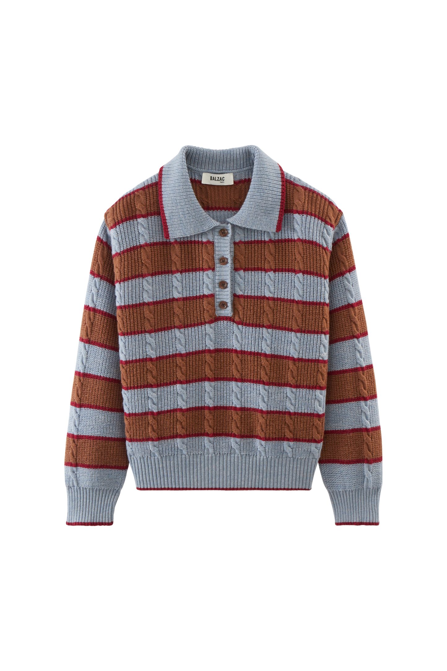 Isidore sweater with blue, cinnamon and burgundy stripes