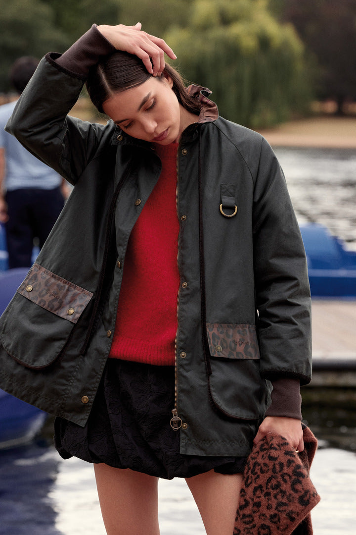 Jacket Anaïs khaki and leopard tawny Barbour x Balzac Paris
