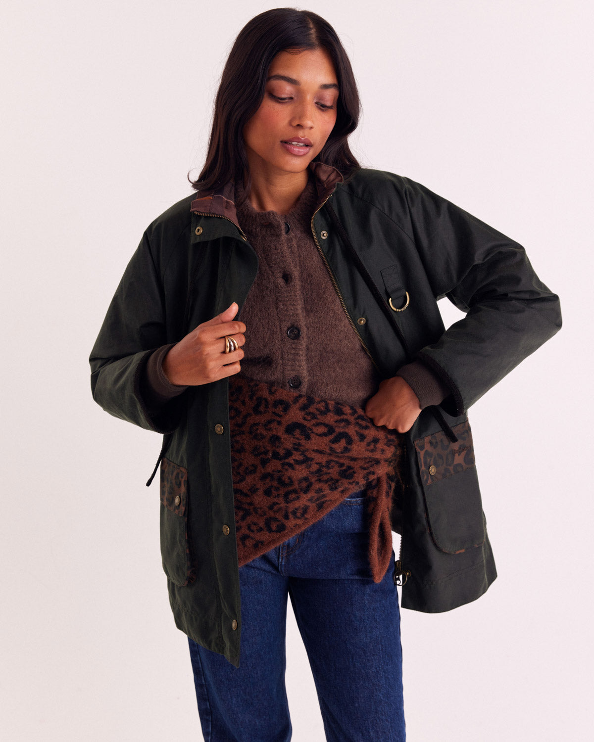 Veste Anaïs kaki et léopard fauve Barbour x Balzac Paris