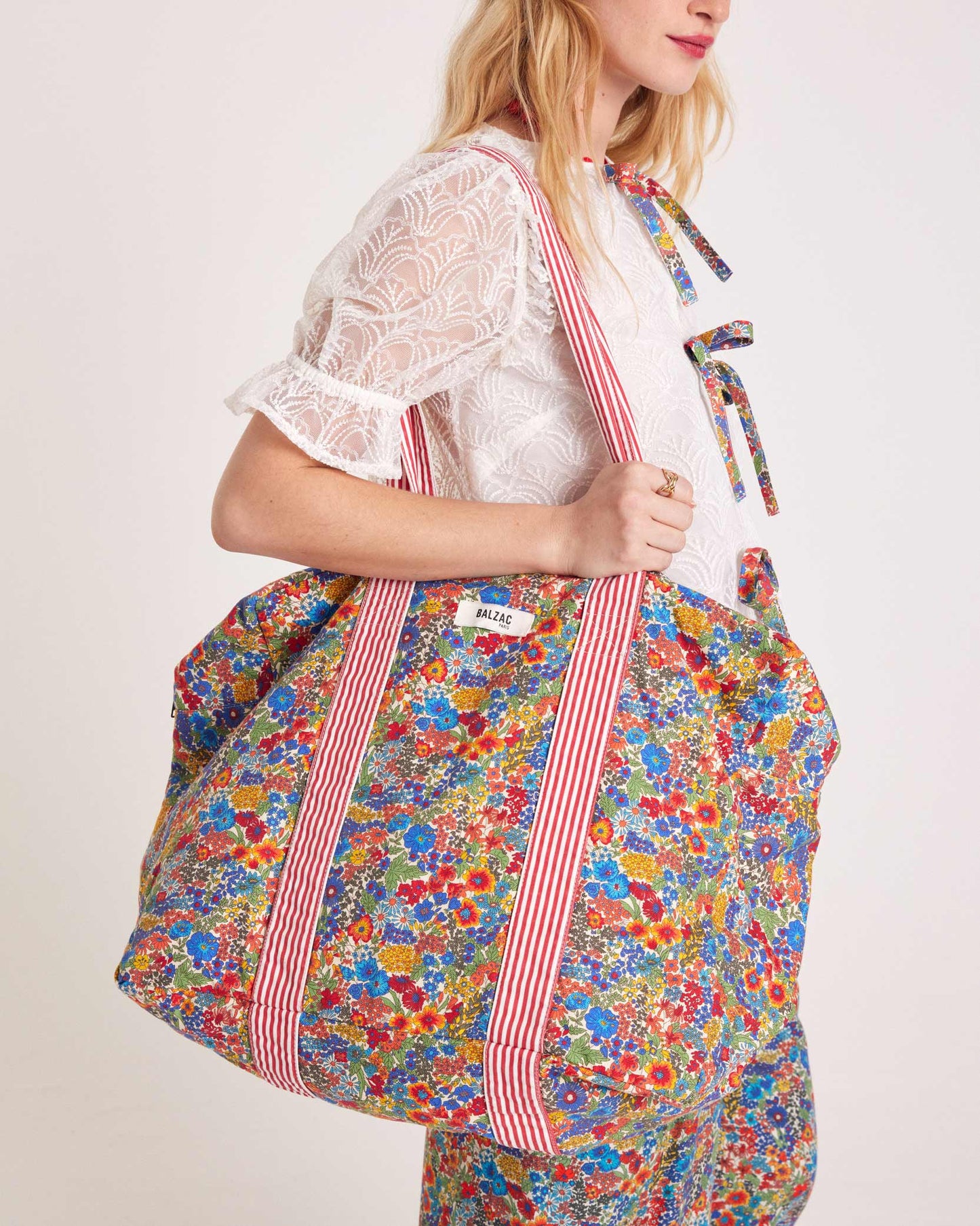 Sac Dany en tissu Liberty bleu et jaune et rayure rouge