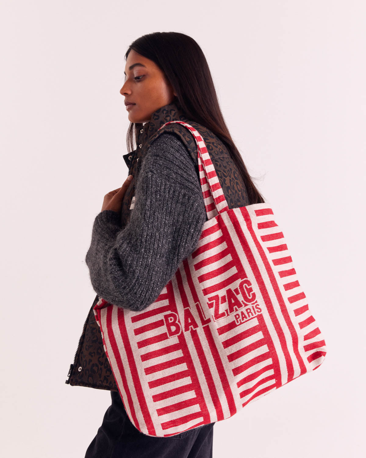Red and white striped tote bag